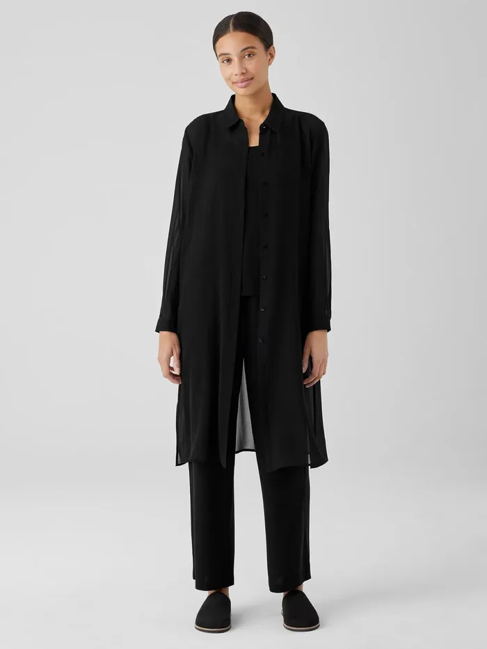 Sheer Silk Georgette Classic Collar Long Shirt Black Women Eileen Fisher Tops and Tees