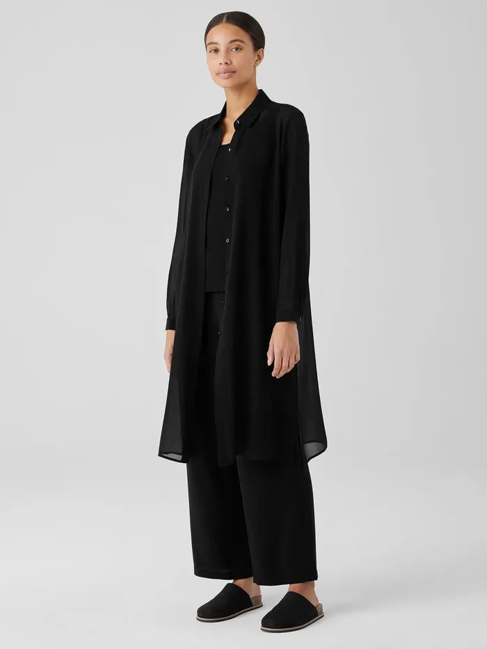 Sheer Silk Georgette Classic Collar Long Shirt Black Women Eileen Fisher Tops and Tees