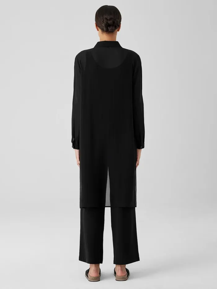 Sheer Silk Georgette Classic Collar Long Shirt Black Women Eileen Fisher Tops and Tees