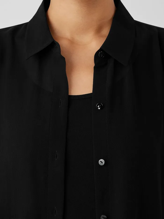Sheer Silk Georgette Classic Collar Long Shirt Black Women Eileen Fisher Tops and Tees