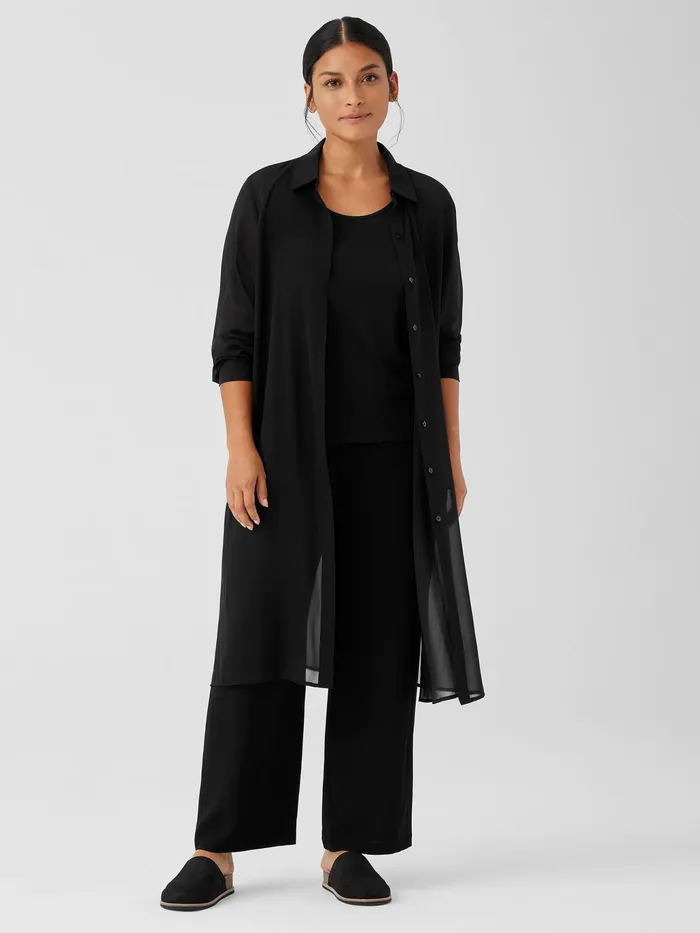 Sheer Silk Georgette Classic Collar Long Shirt Black Women Eileen Fisher Tops and Tees
