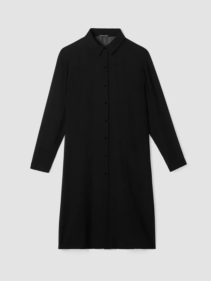 Sheer Silk Georgette Classic Collar Long Shirt Black Women Eileen Fisher Tops and Tees