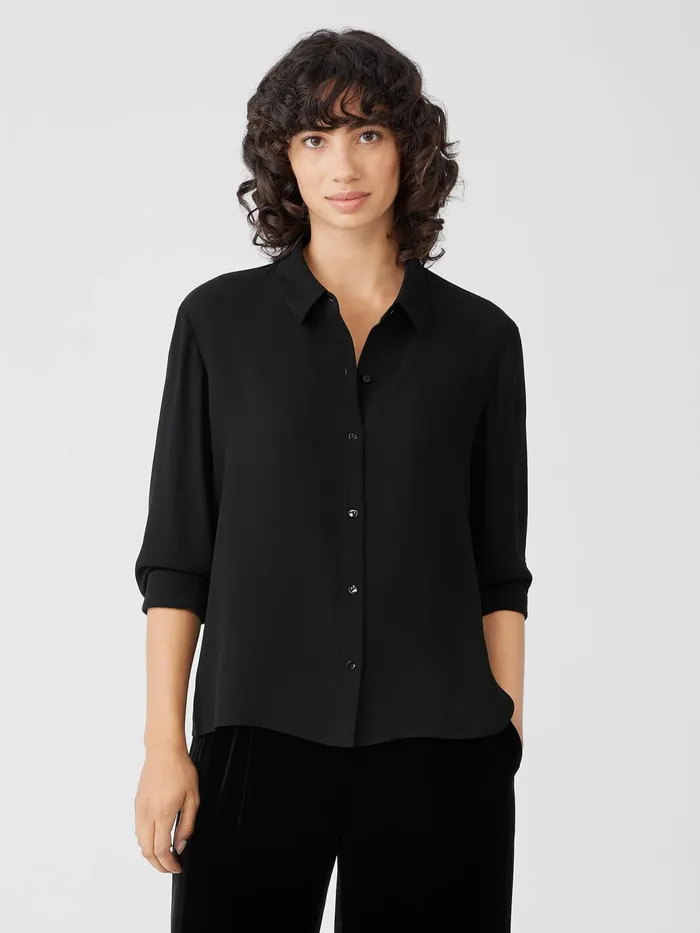 Silk Georgette Crepe Classic Collar Shirt Black Women Eileen Fisher Tops and Tees