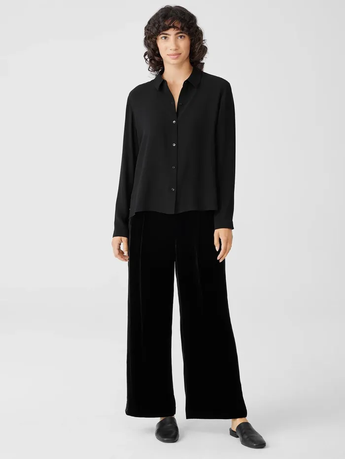 Silk Georgette Crepe Classic Collar Shirt Black Women Eileen Fisher Tops and Tees