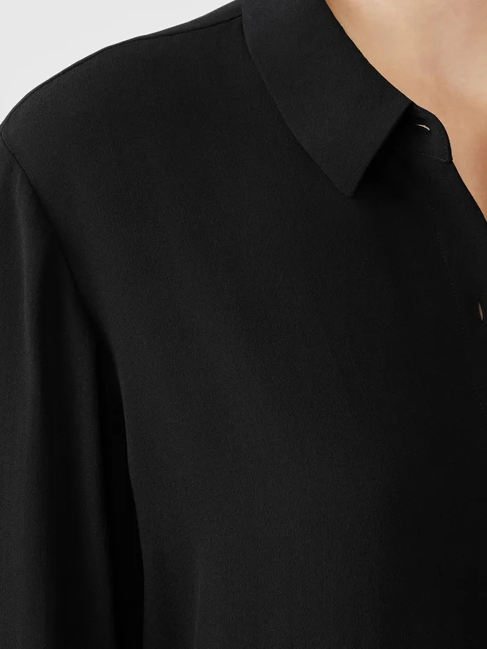 Silk Georgette Crepe Classic Collar Shirt Black Women Eileen Fisher Tops and Tees