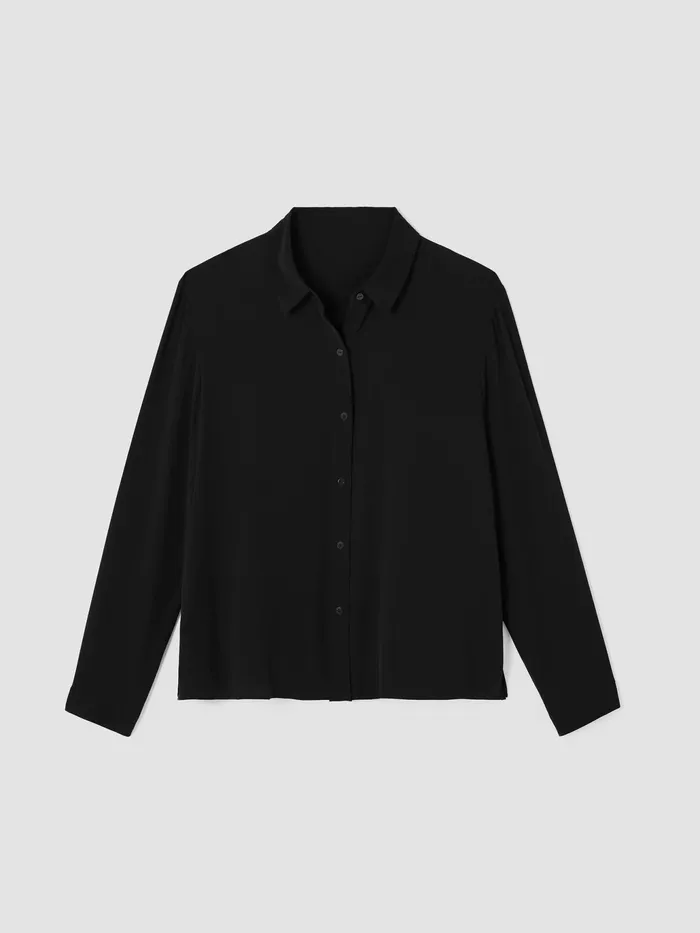 Silk Georgette Crepe Classic Collar Shirt Black Women Eileen Fisher Tops and Tees