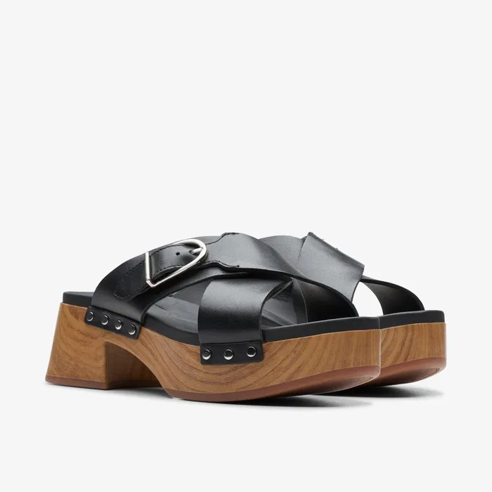 Sivanne Walk Black Leather Women Clarks Clogs and Mules