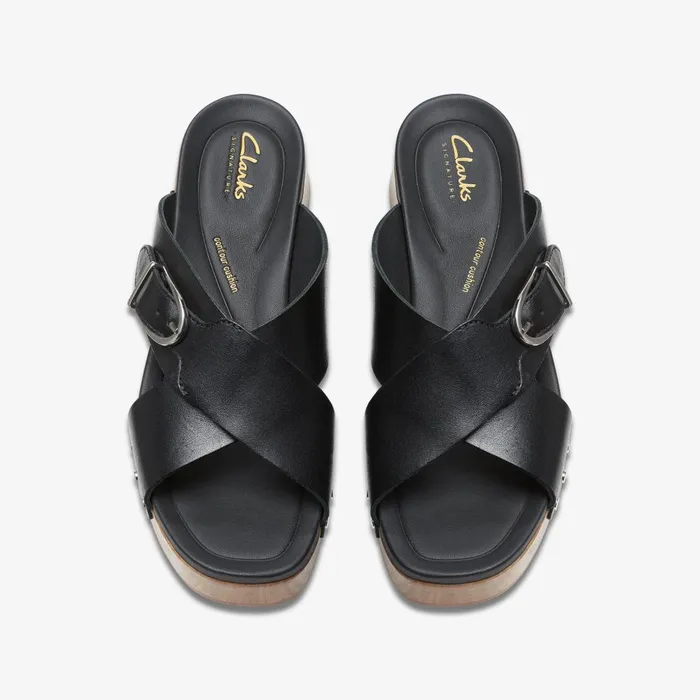 Sivanne Walk Black Leather Women Clarks Clogs and Mules