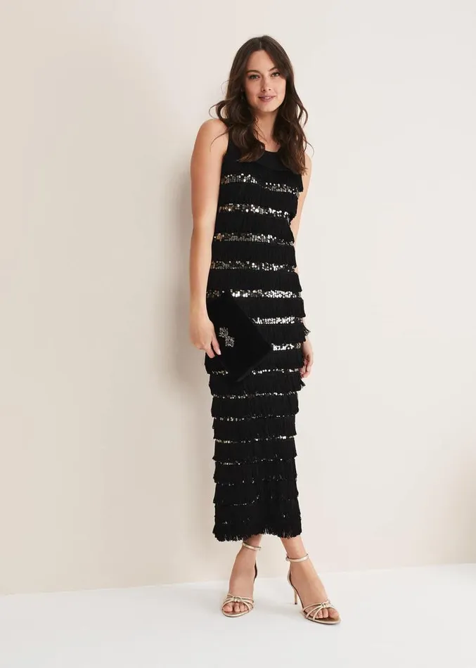 Sofianne Fringe Maxi Dress Blackpewter Women Phase Eight Dresses