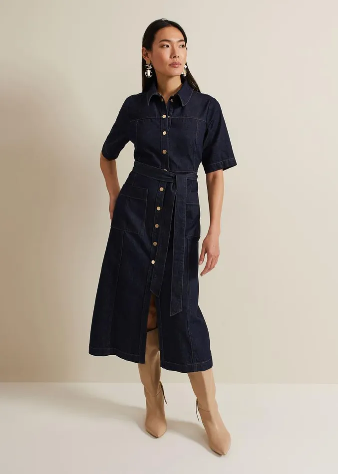 Sonny Denim Midi Dress Navy Women Phase Eight Dresses