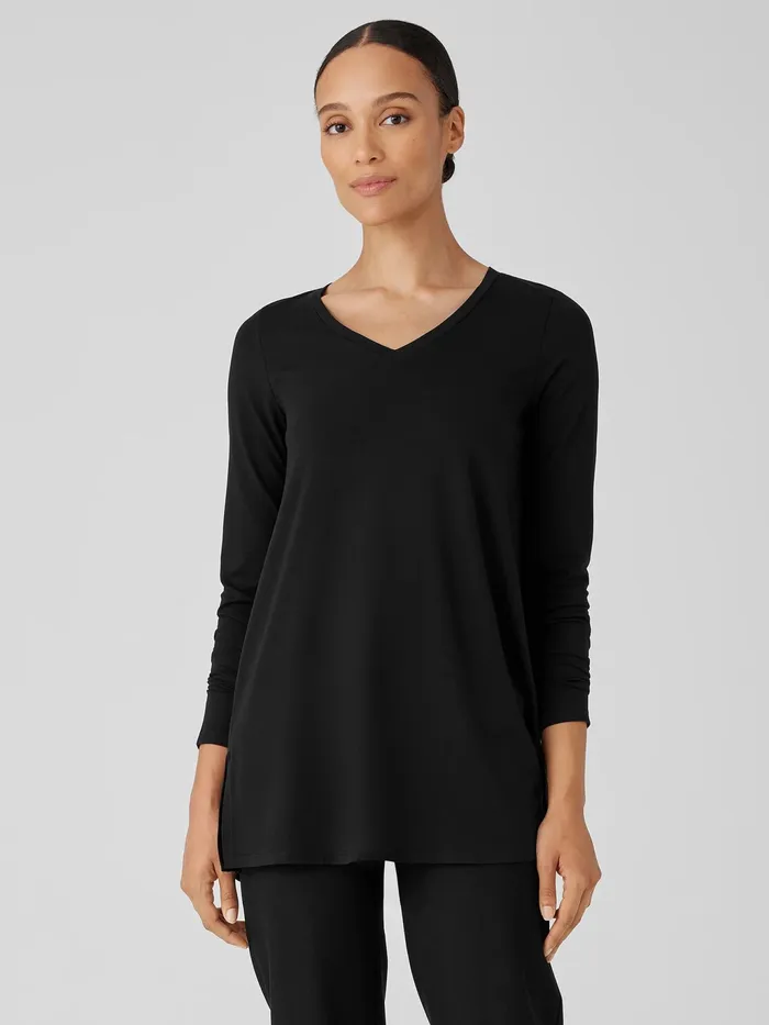 Stretch Jersey Knit VNeck Long Top Black Women Eileen Fisher Tops and Tees