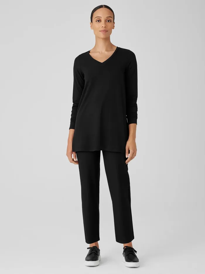 Stretch Jersey Knit VNeck Long Top Black Women Eileen Fisher Tops and Tees