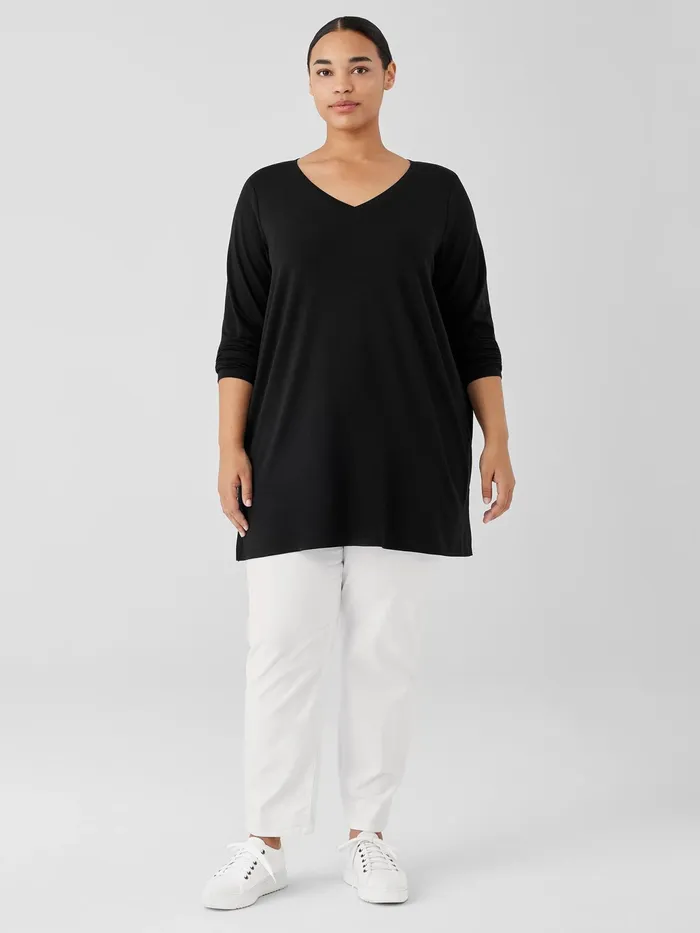 Stretch Jersey Knit VNeck Long Top Black Women Eileen Fisher Tops and Tees