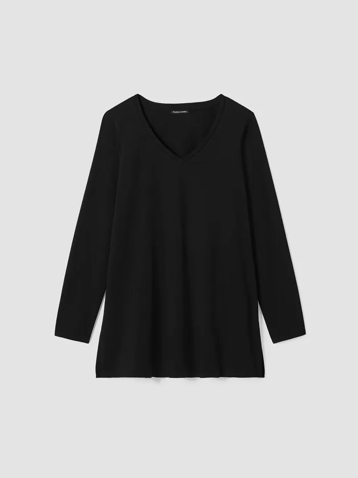 Stretch Jersey Knit VNeck Long Top Black Women Eileen Fisher Tops and Tees