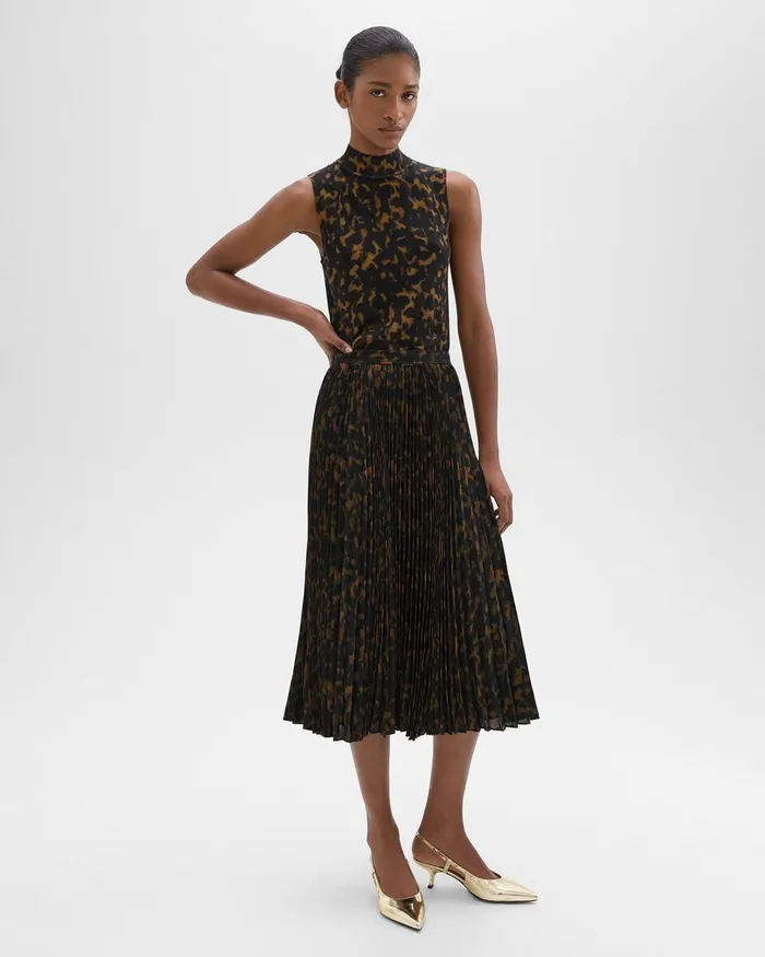 Theory Skirts Pleated Midi Skirt In Tortoiseshell Printed Georgette Dark Brown Multi 8211 Women