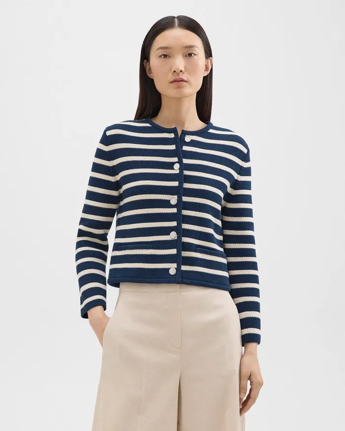 Theory Sweaters Cardigans Striped Cropped Jacket In Cotton Boucl Bright Navycream 8211 Women Theory Sweaters Cardigans Striped Cropped Jacket In Cotton Boucl Bright Navycream 8211 Women