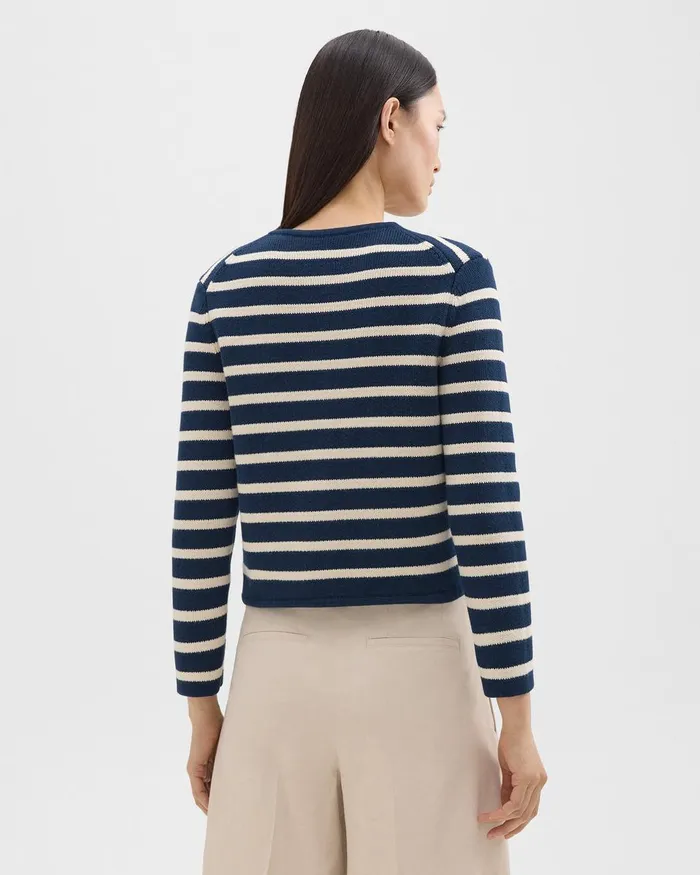 Theory Sweaters Cardigans Striped Cropped Jacket In Cotton Boucl Bright Navycream 8211 Women