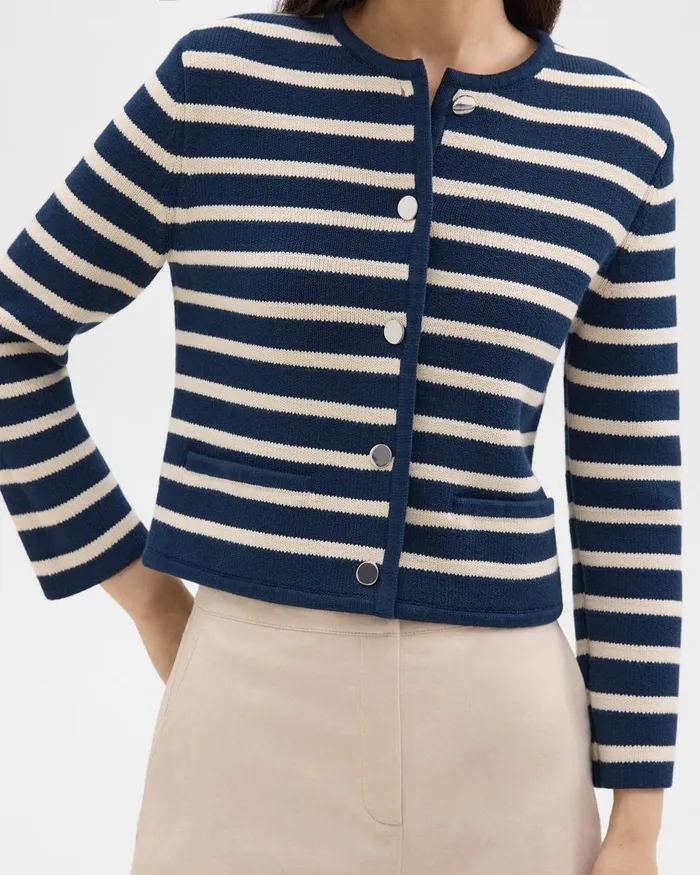 Theory Sweaters Cardigans Striped Cropped Jacket In Cotton Boucl Bright Navycream 8211 Women