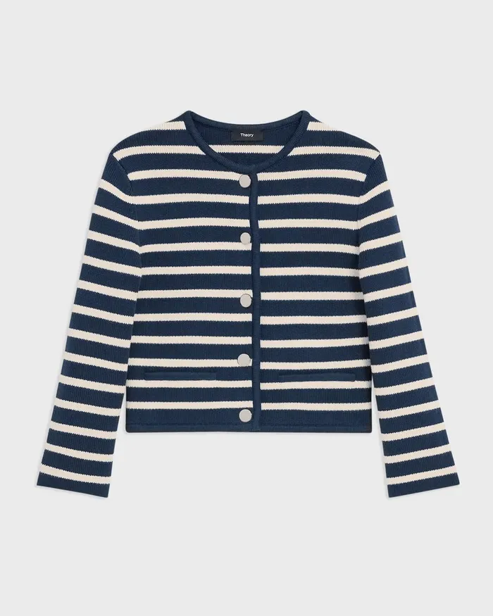 Theory Sweaters Cardigans Striped Cropped Jacket In Cotton Boucl Bright Navycream 8211 Women