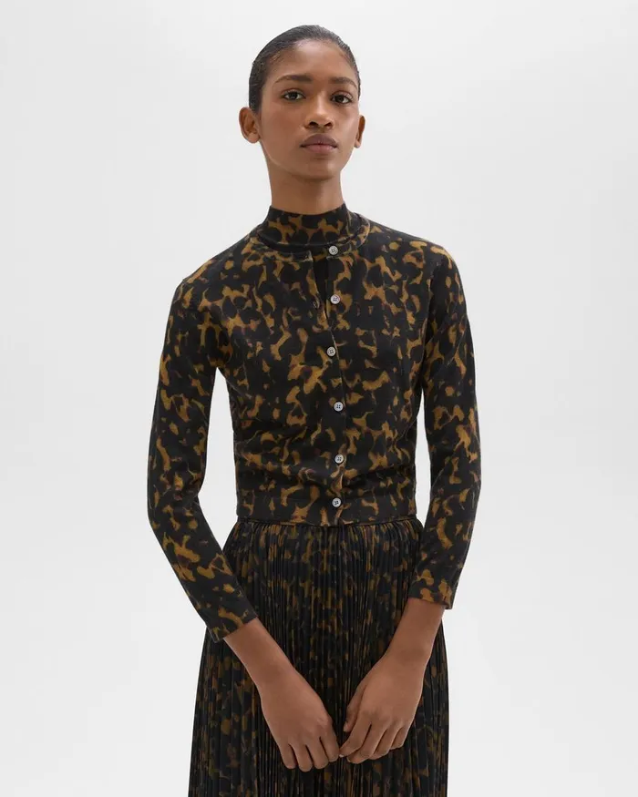 Theory Sweaters Cardigans Tortoiseshell Printed Cardigan In Merino Wool Dark Brown Multi 8211 Women