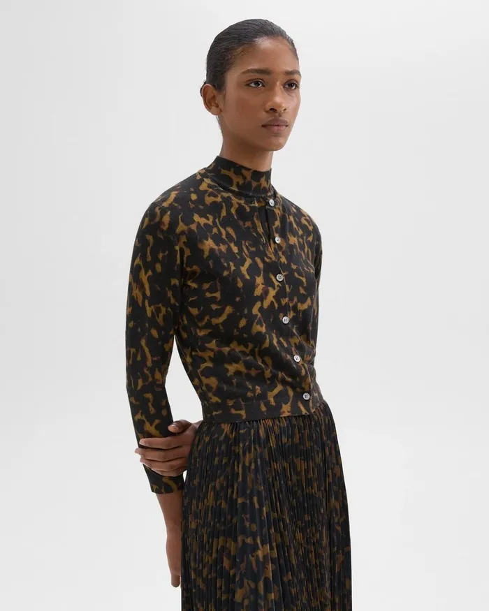 Theory Sweaters Cardigans Tortoiseshell Printed Cardigan In Merino Wool Dark Brown Multi 8211 Women
