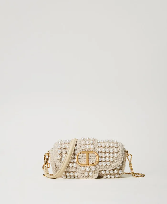 Twinset Amie039 Small Crochet Shoulder Bag With Pearls Old White Women Handbags