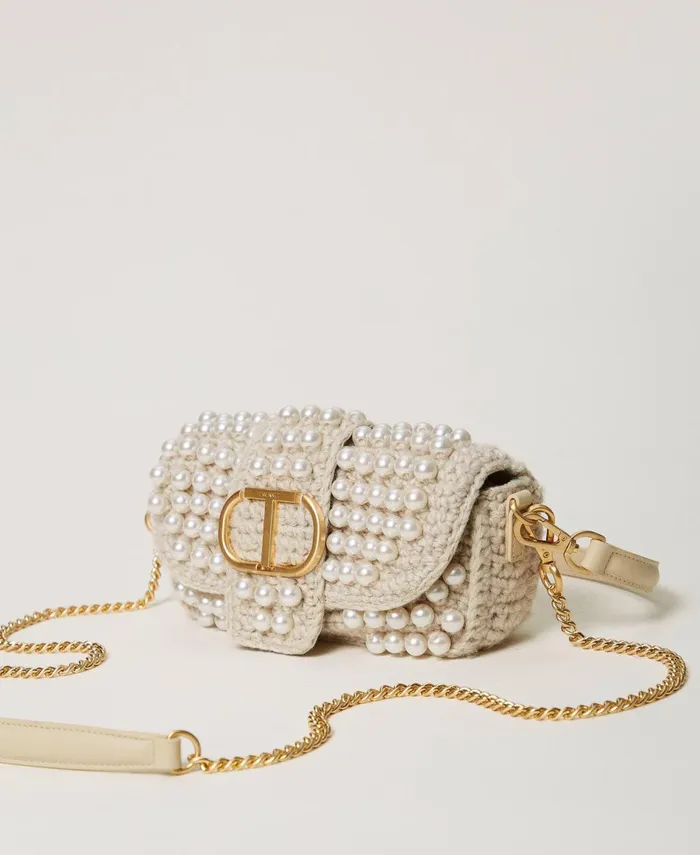 Twinset Amie039 Small Crochet Shoulder Bag With Pearls Old White Women Handbags Twinset Amie039 Small Crochet Shoulder Bag With Pearls Old White Women Handbags