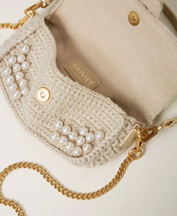 Twinset Amie039 Small Crochet Shoulder Bag With Pearls Old White Women Handbags Twinset Amie039 Small Crochet Shoulder Bag With Pearls Old White Women Handbags