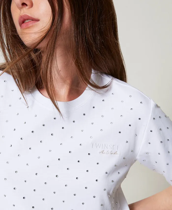 Twinset Boxy TShirt With Rhinestones Papers White Women TShirts And Tops