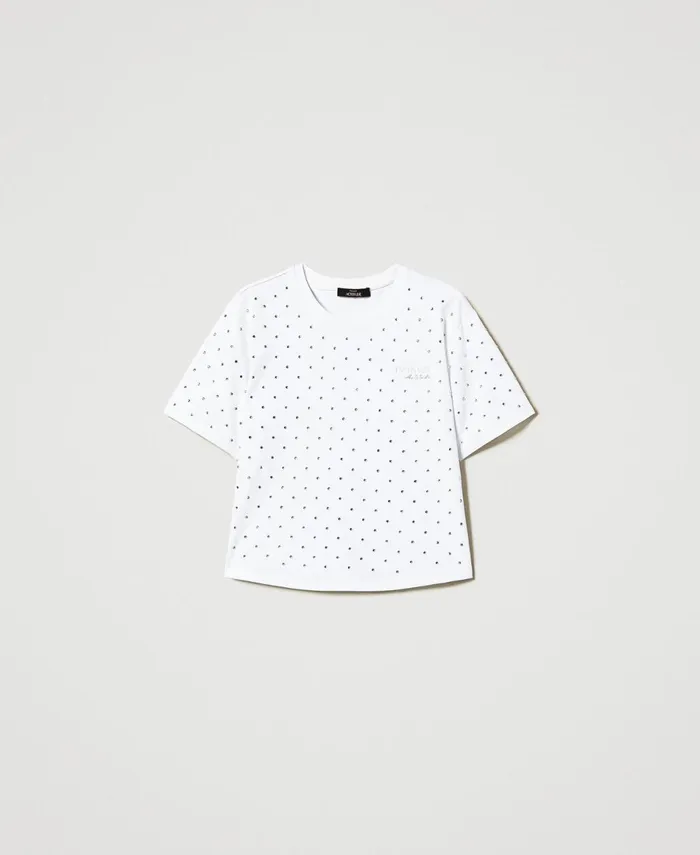 Twinset Boxy TShirt With Rhinestones Papers White Women TShirts And Tops Twinset Boxy TShirt With Rhinestones Papers White Women TShirts And Tops