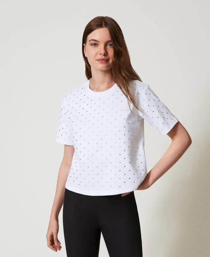 Twinset Boxy TShirt With Rhinestones Papers White Women TShirts And Tops Twinset Boxy TShirt With Rhinestones Papers White Women TShirts And Tops