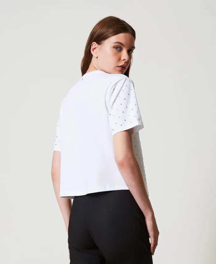 Twinset Boxy TShirt With Rhinestones Papers White Women TShirts And Tops Twinset Boxy TShirt With Rhinestones Papers White Women TShirts And Tops