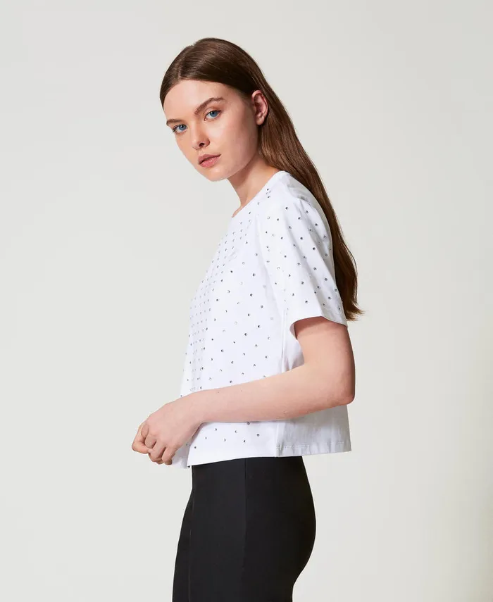 Twinset Boxy TShirt With Rhinestones Papers White Women TShirts And Tops Twinset Boxy TShirt With Rhinestones Papers White Women TShirts And Tops