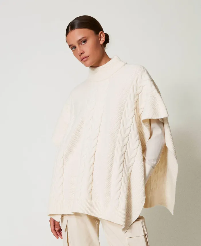 Twinset Cable Knit Poncho Antique White Women Jackets And Outerwear