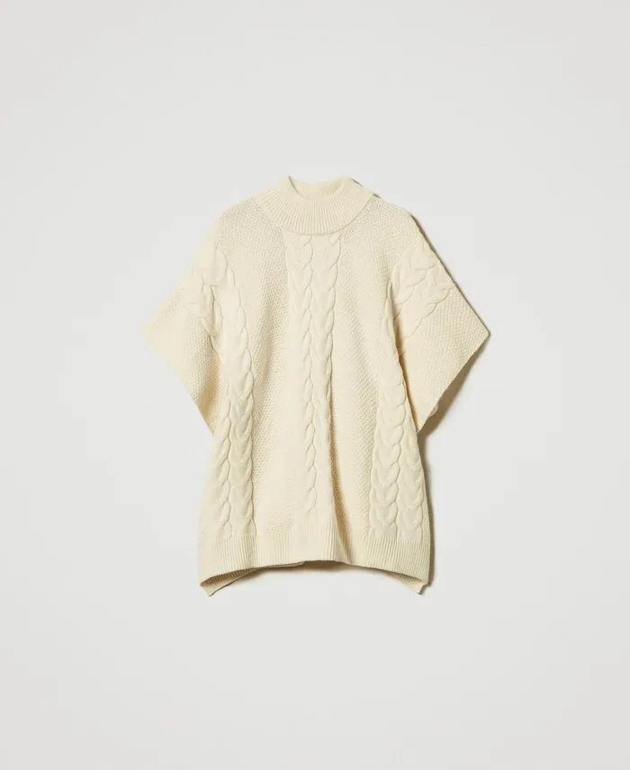 Twinset Cable Knit Poncho Antique White Women Jackets And Outerwear Twinset Cable Knit Poncho Antique White Women Jackets And Outerwear