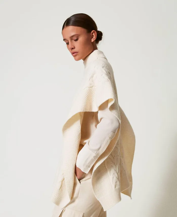 Twinset Cable Knit Poncho Antique White Women Jackets And Outerwear Twinset Cable Knit Poncho Antique White Women Jackets And Outerwear