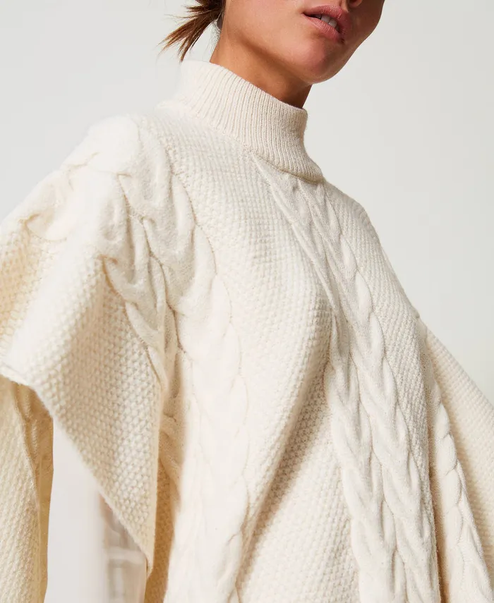 Twinset Cable Knit Poncho Antique White Women Jackets And Outerwear Twinset Cable Knit Poncho Antique White Women Jackets And Outerwear