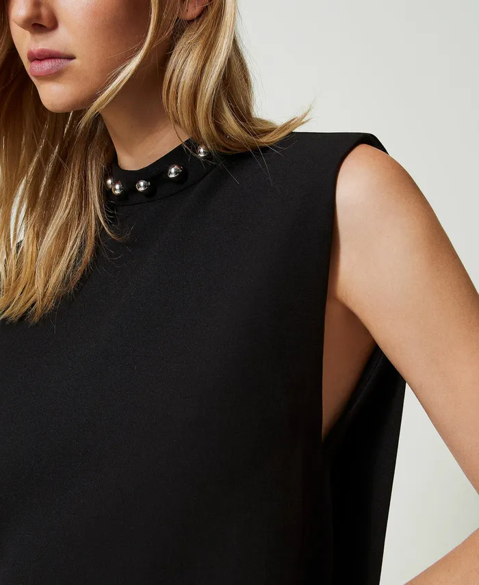 Twinset Cady Crpe Dress With Metallic Pearls Black Women Dresses Twinset Cady Crpe Dress With Metallic Pearls Black Women Dresses