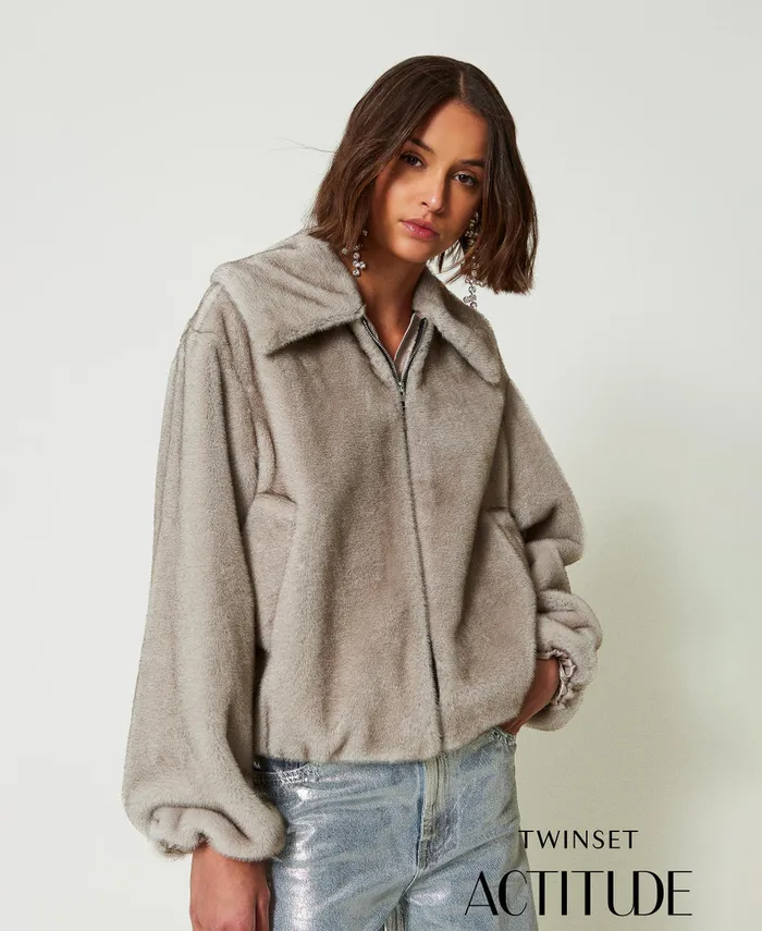 Twinset Cropped Faux Fur Jacket Fume Grey Women Jackets And Outerwear
