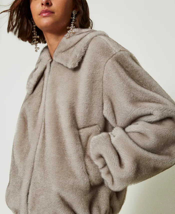 Twinset Cropped Faux Fur Jacket Fume Grey Women Jackets And Outerwear Twinset Cropped Faux Fur Jacket Fume Grey Women Jackets And Outerwear