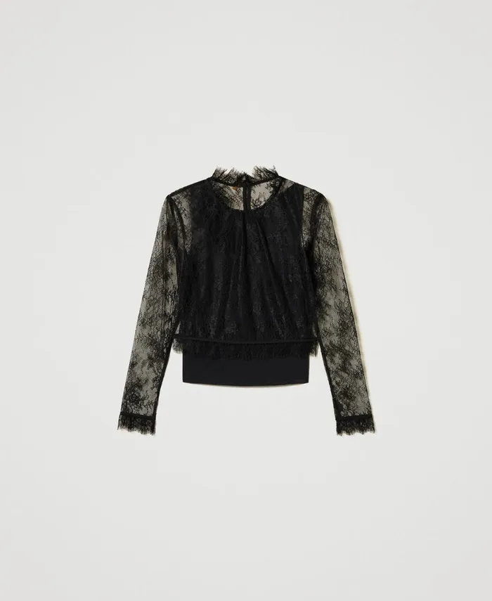 Twinset Cropped Lace Blouse With Top Black Women Blouses And Shirts Twinset Cropped Lace Blouse With Top Black Women Blouses And Shirts