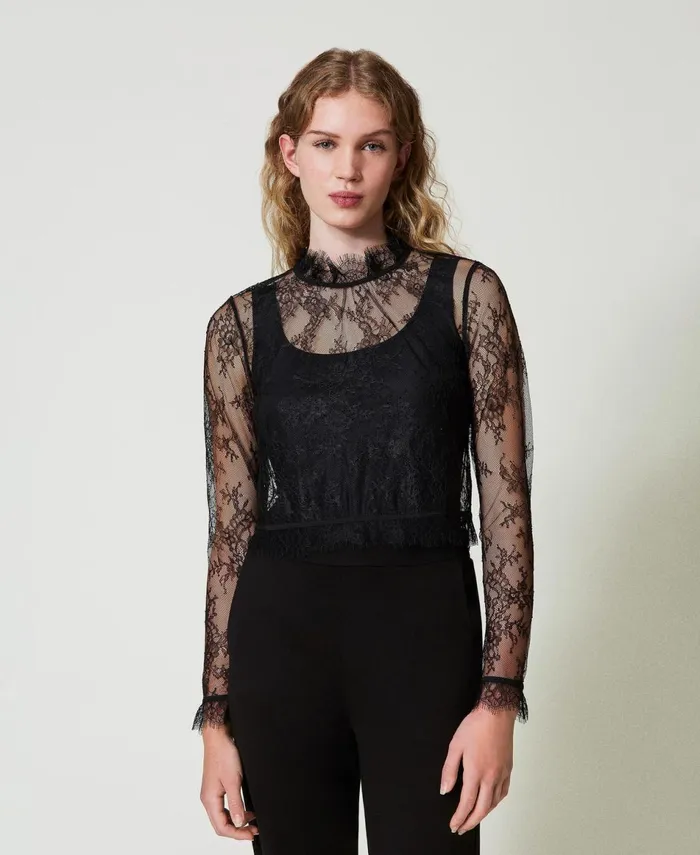 Twinset Cropped Lace Blouse With Top Black Women Blouses And Shirts Twinset Cropped Lace Blouse With Top Black Women Blouses And Shirts