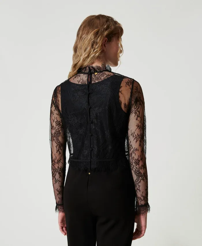 Twinset Cropped Lace Blouse With Top Black Women Blouses And Shirts Twinset Cropped Lace Blouse With Top Black Women Blouses And Shirts