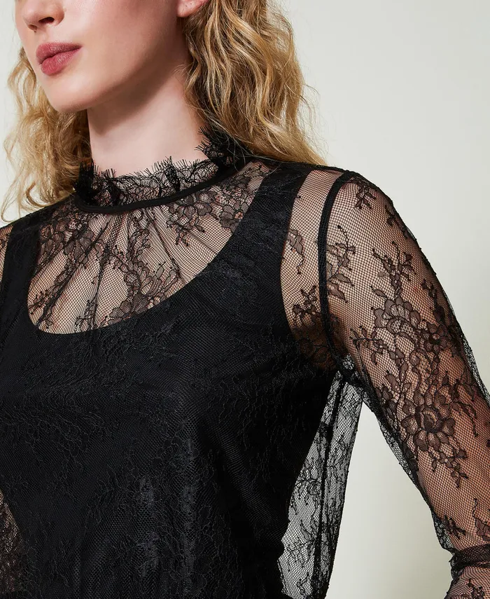 Twinset Cropped Lace Blouse With Top Black Women Blouses And Shirts Twinset Cropped Lace Blouse With Top Black Women Blouses And Shirts