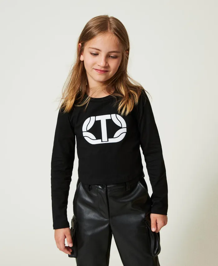 Twinset Cropped TShirt With Rubberised Logo Black Girl TShirts And Tops