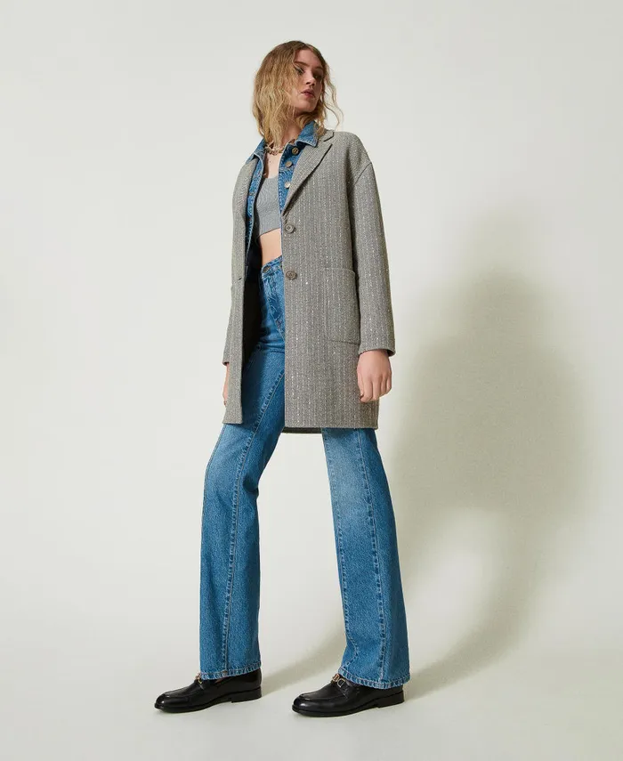 Twinset Doubled Wool Cloth Coat With Sequins Melange Grey Double Pinstripe Women Jackets And Outerwear