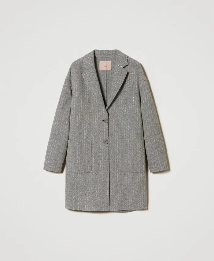 Twinset Doubled Wool Cloth Coat With Sequins Melange Grey Double Pinstripe Women Jackets And Outerwear Twinset Doubled Wool Cloth Coat With Sequins Melange Grey Double Pinstripe Women Jackets And Outerwear