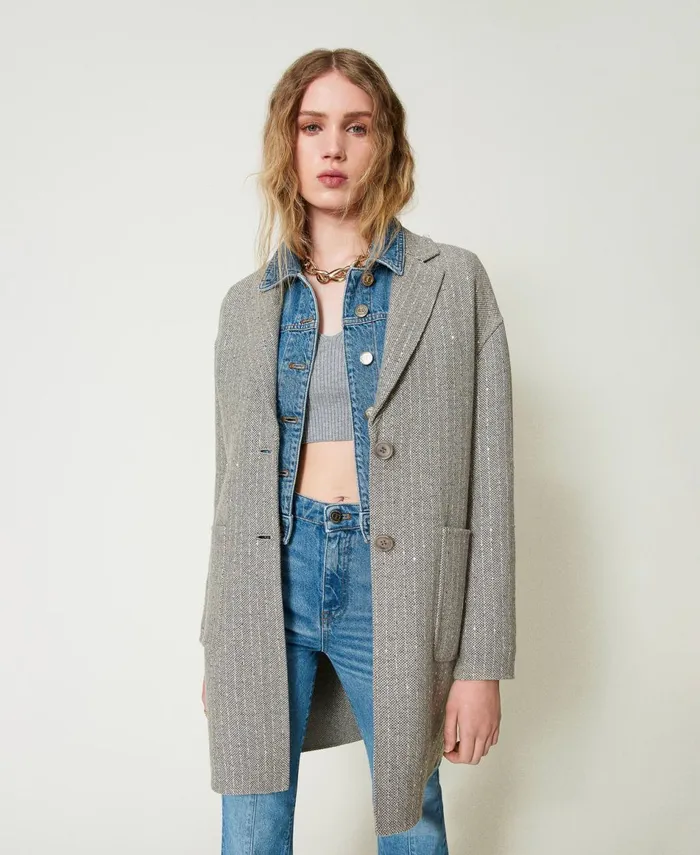 Twinset Doubled Wool Cloth Coat With Sequins Melange Grey Double Pinstripe Women Jackets And Outerwear Twinset Doubled Wool Cloth Coat With Sequins Melange Grey Double Pinstripe Women Jackets And Outerwear