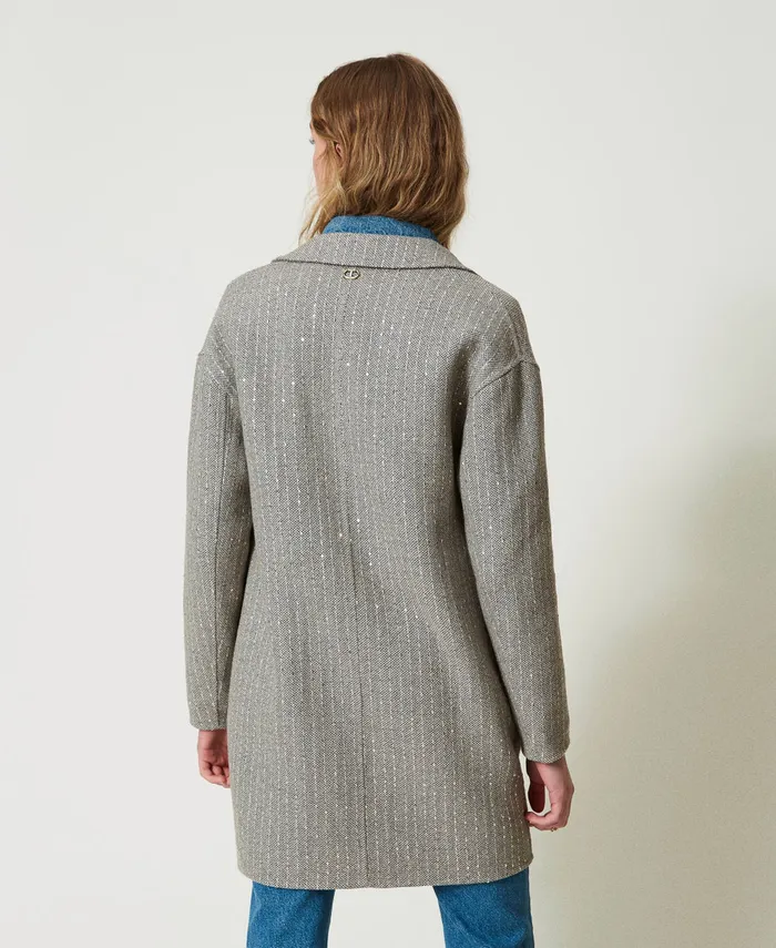 Twinset Doubled Wool Cloth Coat With Sequins Melange Grey Double Pinstripe Women Jackets And Outerwear Twinset Doubled Wool Cloth Coat With Sequins Melange Grey Double Pinstripe Women Jackets And Outerwear