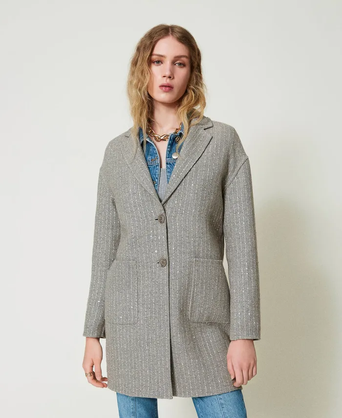 Twinset Doubled Wool Cloth Coat With Sequins Melange Grey Double Pinstripe Women Jackets And Outerwear Twinset Doubled Wool Cloth Coat With Sequins Melange Grey Double Pinstripe Women Jackets And Outerwear